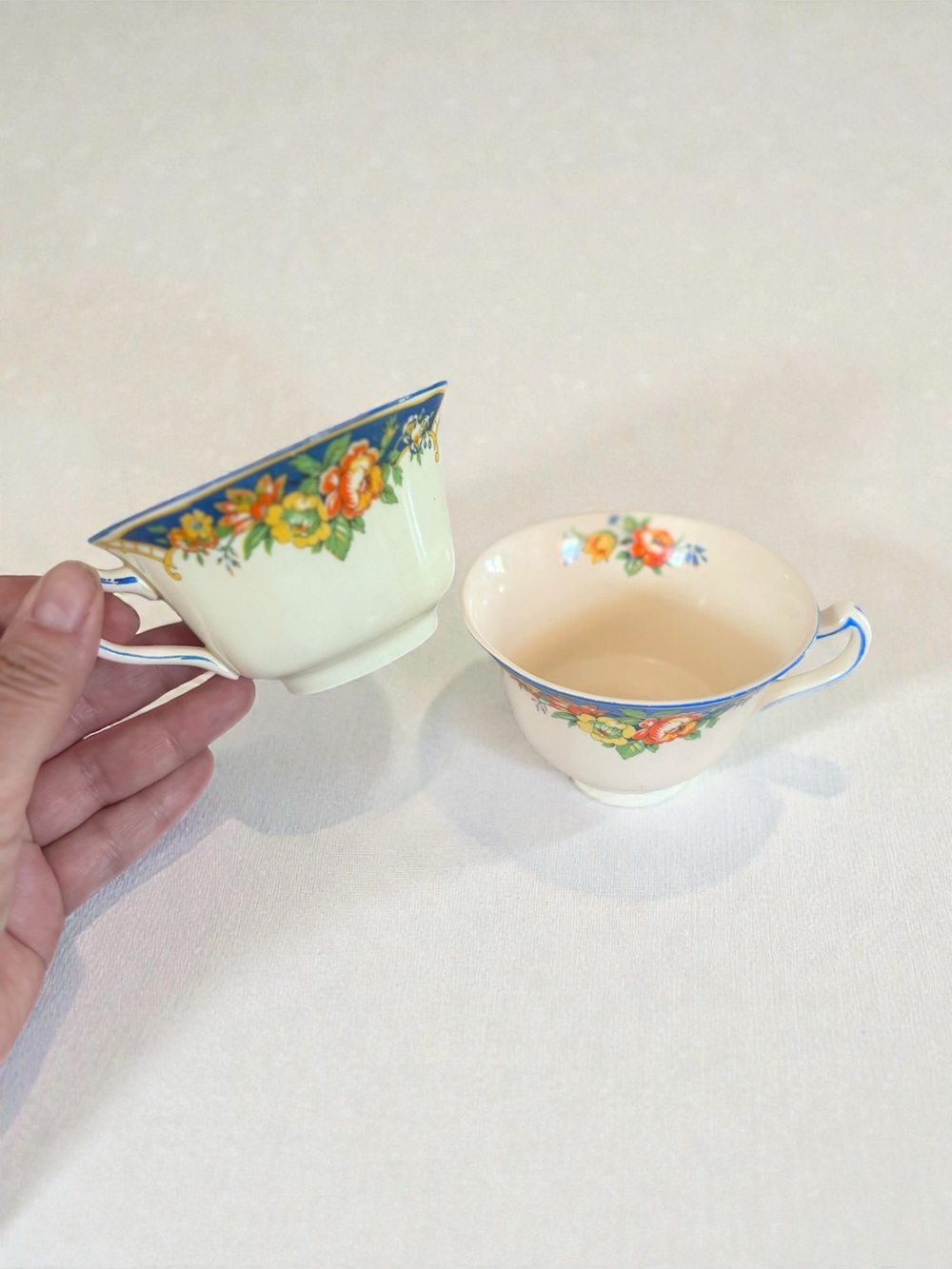 Vintage English Floral Tea Cups Blue Trim Cottagecore Set of 2